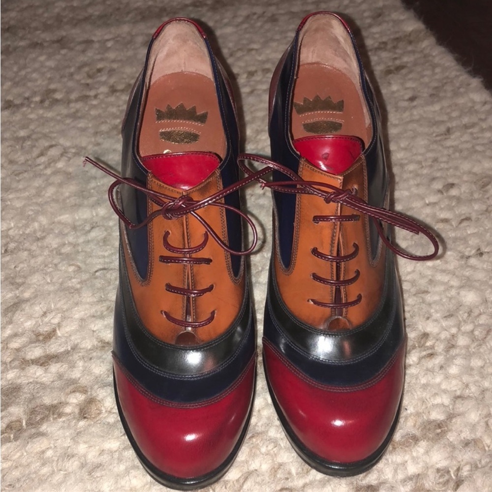 OUTRAGEOUS VTG Sz 7.5 ERNESTO ESPOSITO Multicolor leather platform hi heel Shoes - Picture 7 of 9